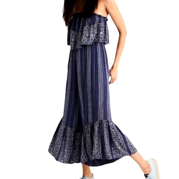 Japna Women's Strapless Smocked Flowy Jumpsuit Blue Paisley Wide Leg Size XS New - Picture 2 of 12